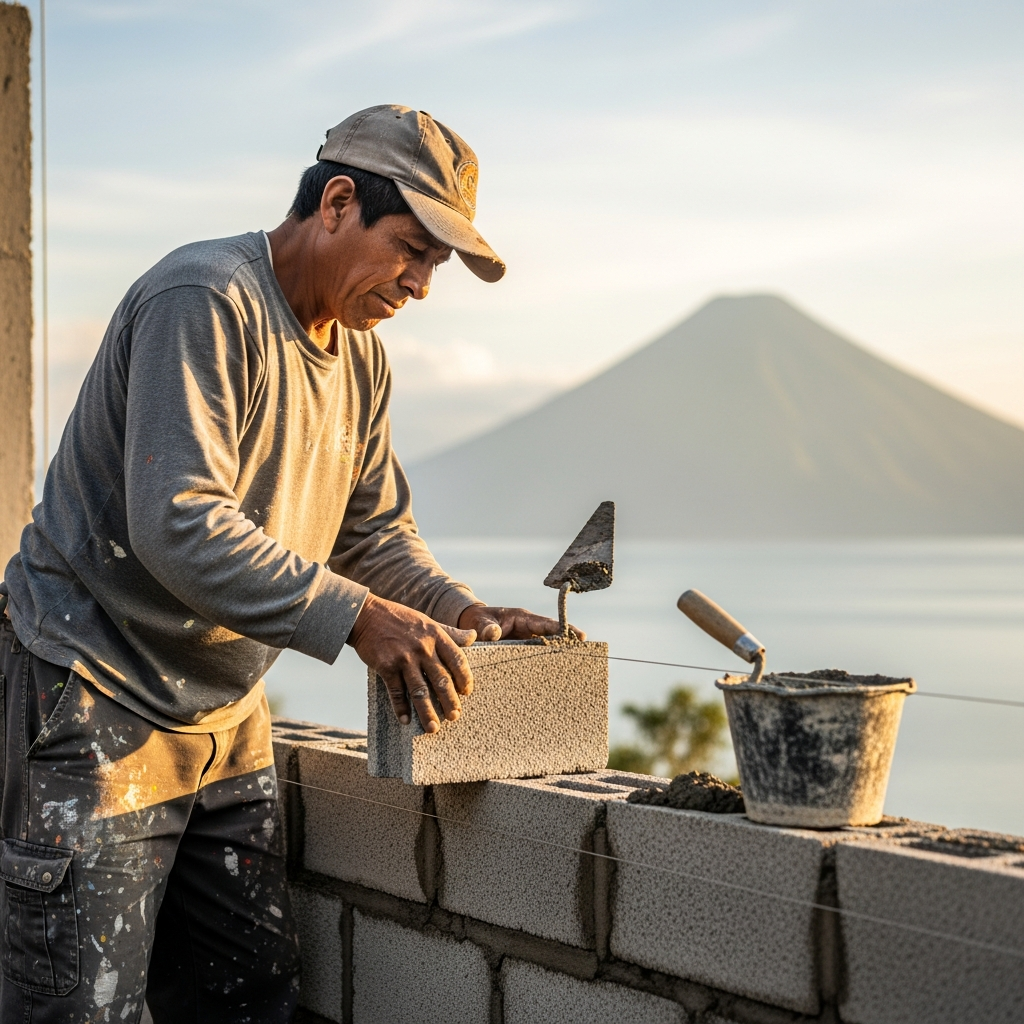 Albañil profesional trabajando en construcción en Panajachel, Lake Atitlán