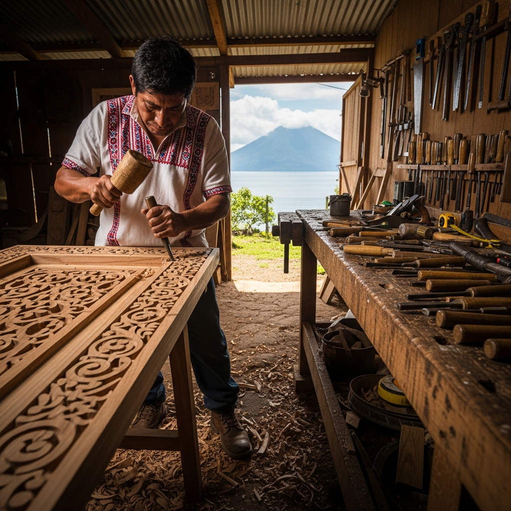 Professional carpenter crafting furniture in Panajachel, Lake Atitlán