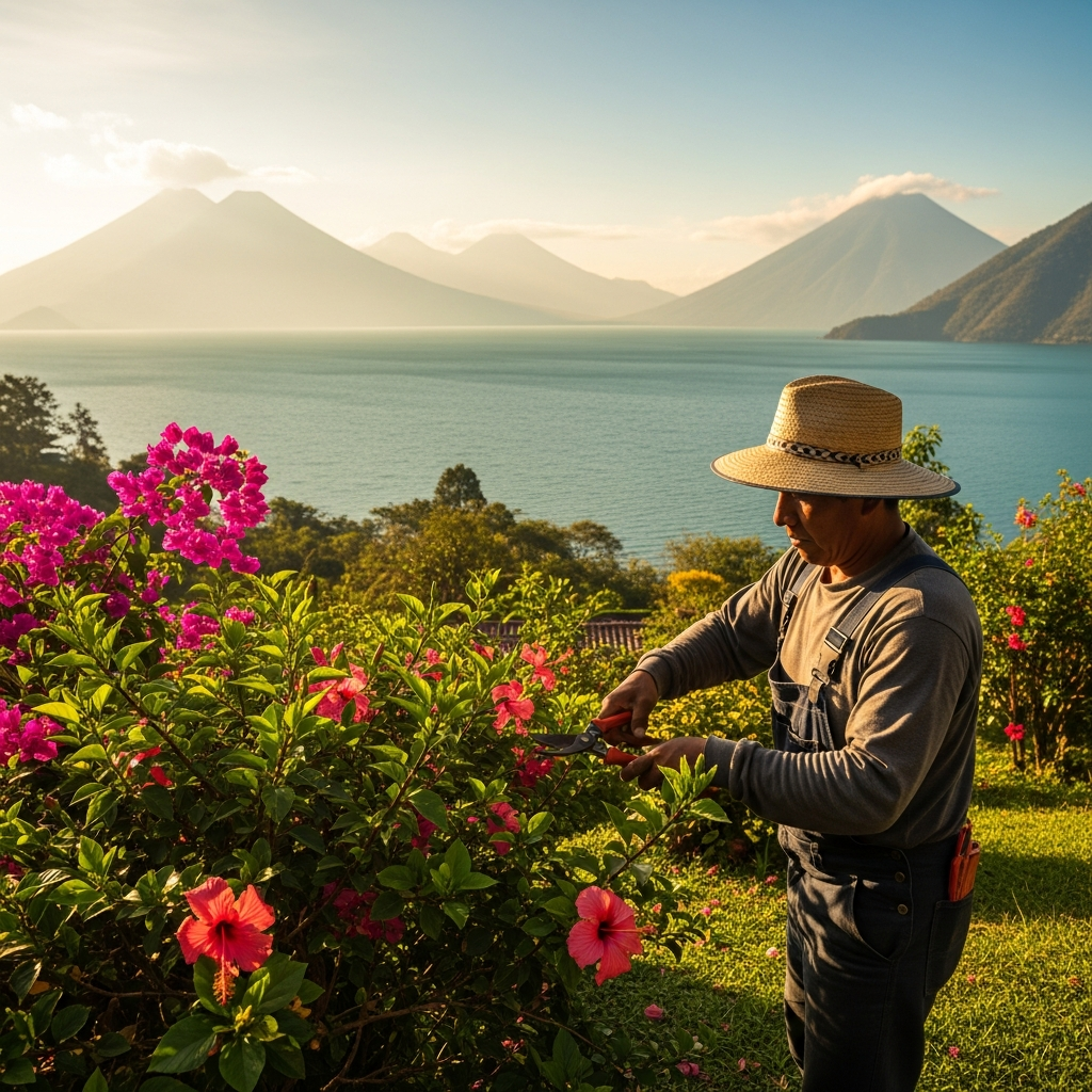 Jardinero profesional realizando mantenimiento de jardín en Panajachel, Lake Atitlán