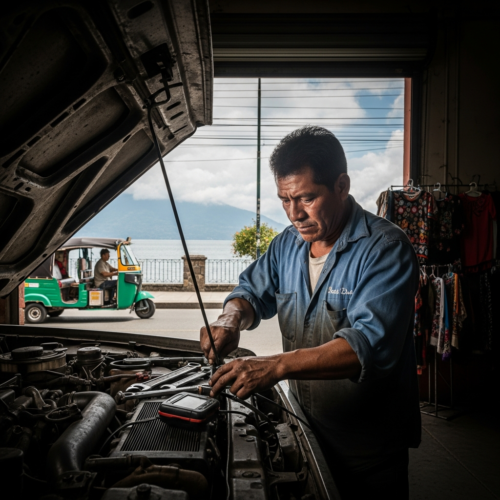 Professional mechanic performing engine repair diagnostics at Panajachel Auto