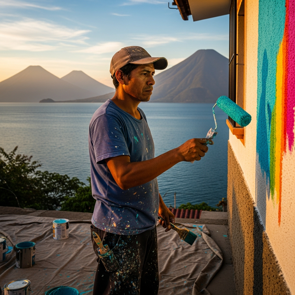 Pintor profesional pintando casa en Panajachel, Lake Atitlán