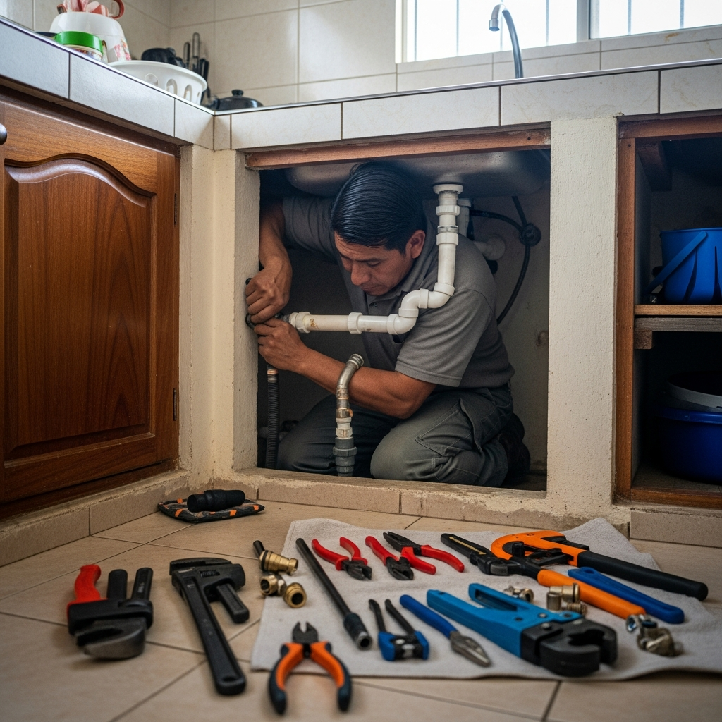 Professional plumber repairing pipes in Panajachel, Lake Atitlán