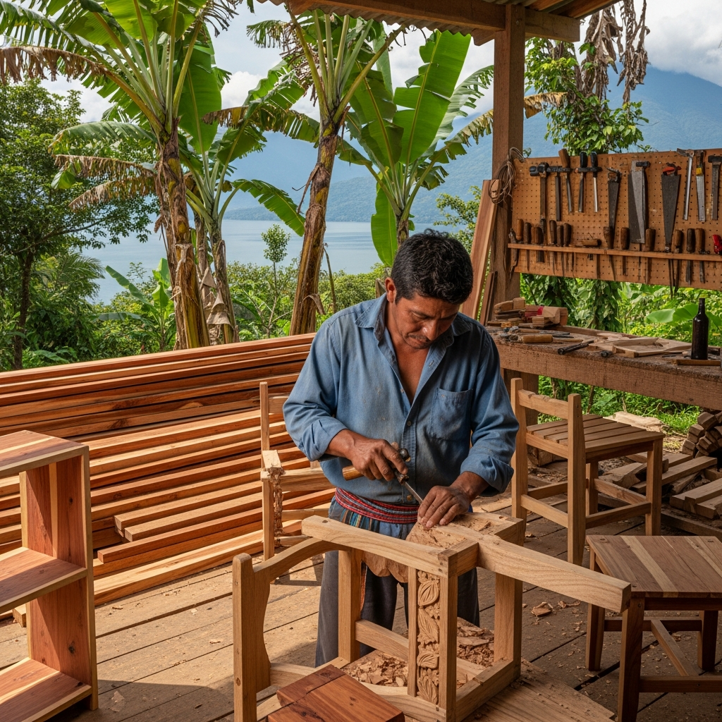 Professional carpenter crafting furniture in San Marcos La Laguna, Lake Atitlán