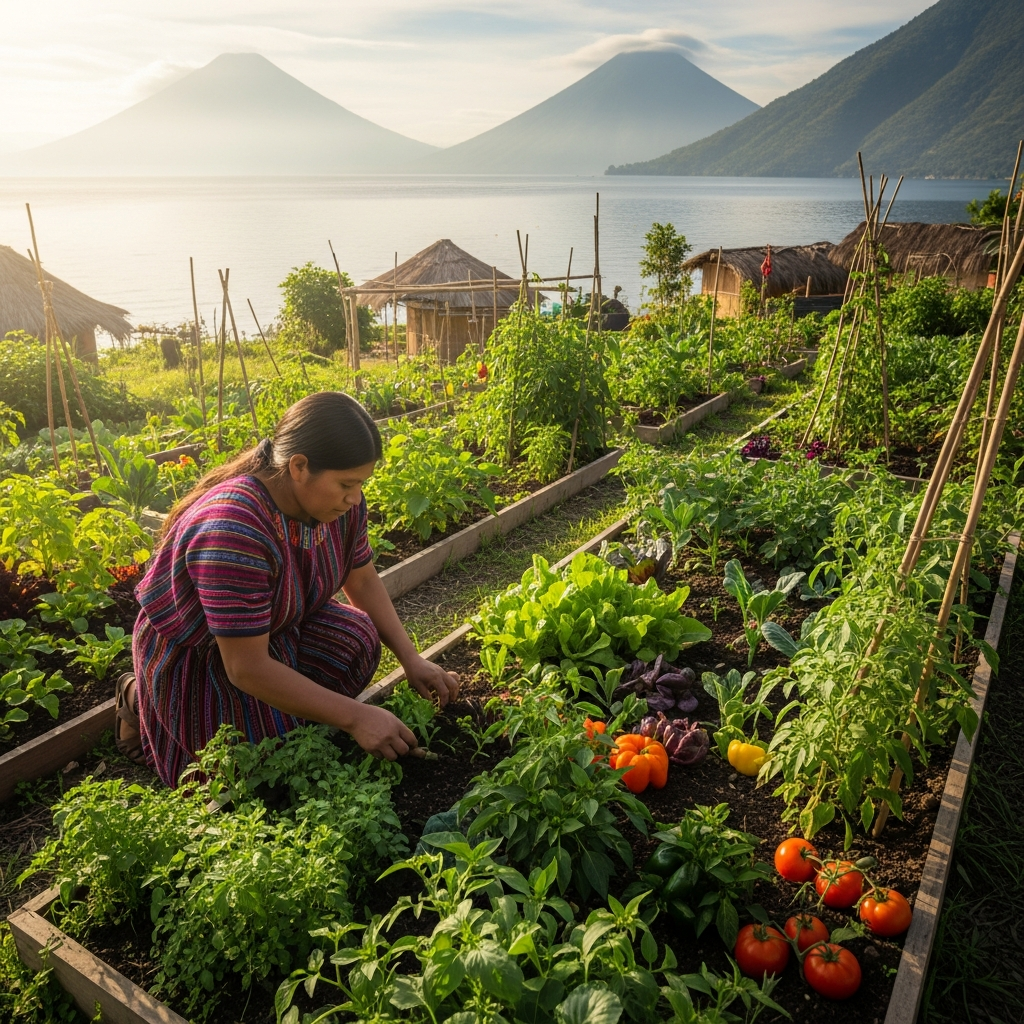 Professional landscaper performing garden maintenance in San Marcos La Laguna, Lake Atitlán