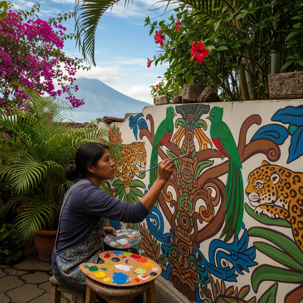 Professional painter painting house in San Marcos La Laguna, Lake Atitlán