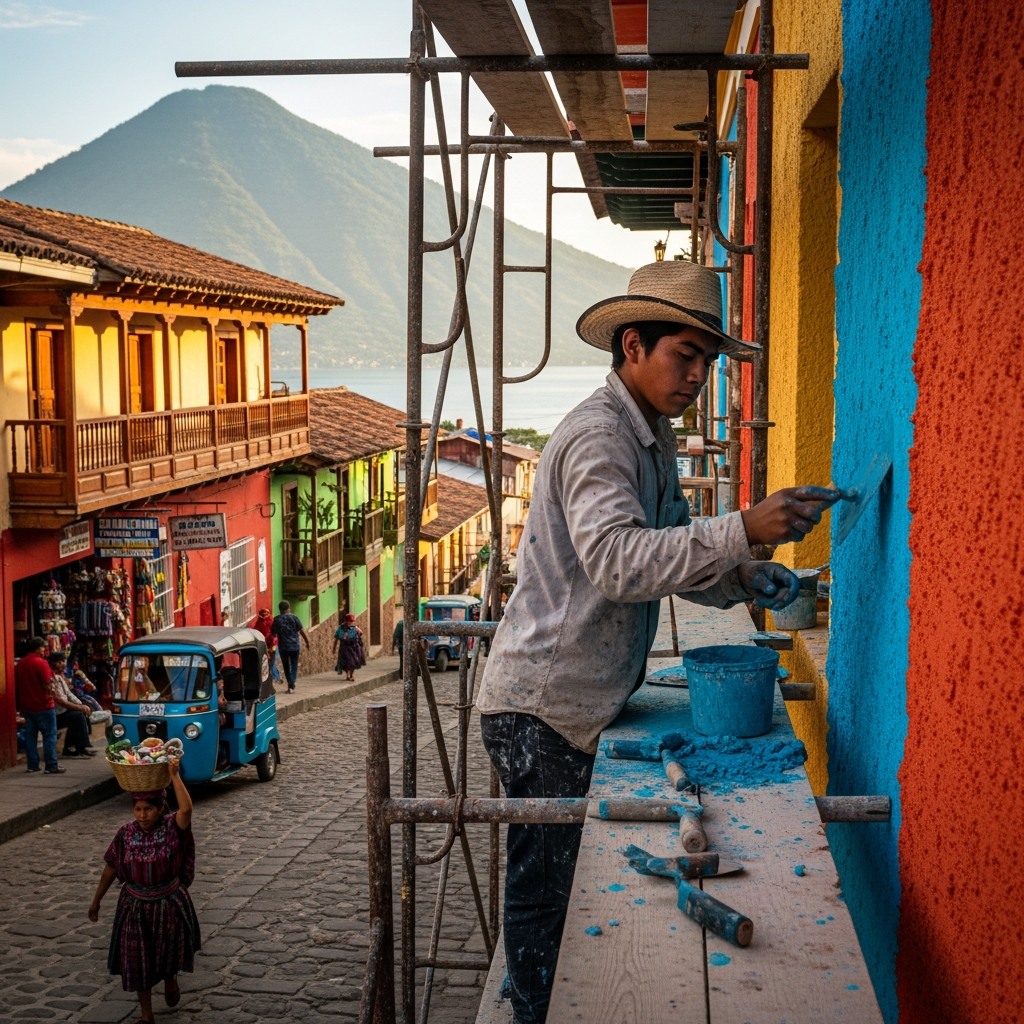 Professional mason working on construction in San Pedro La Laguna, Lake Atitlán