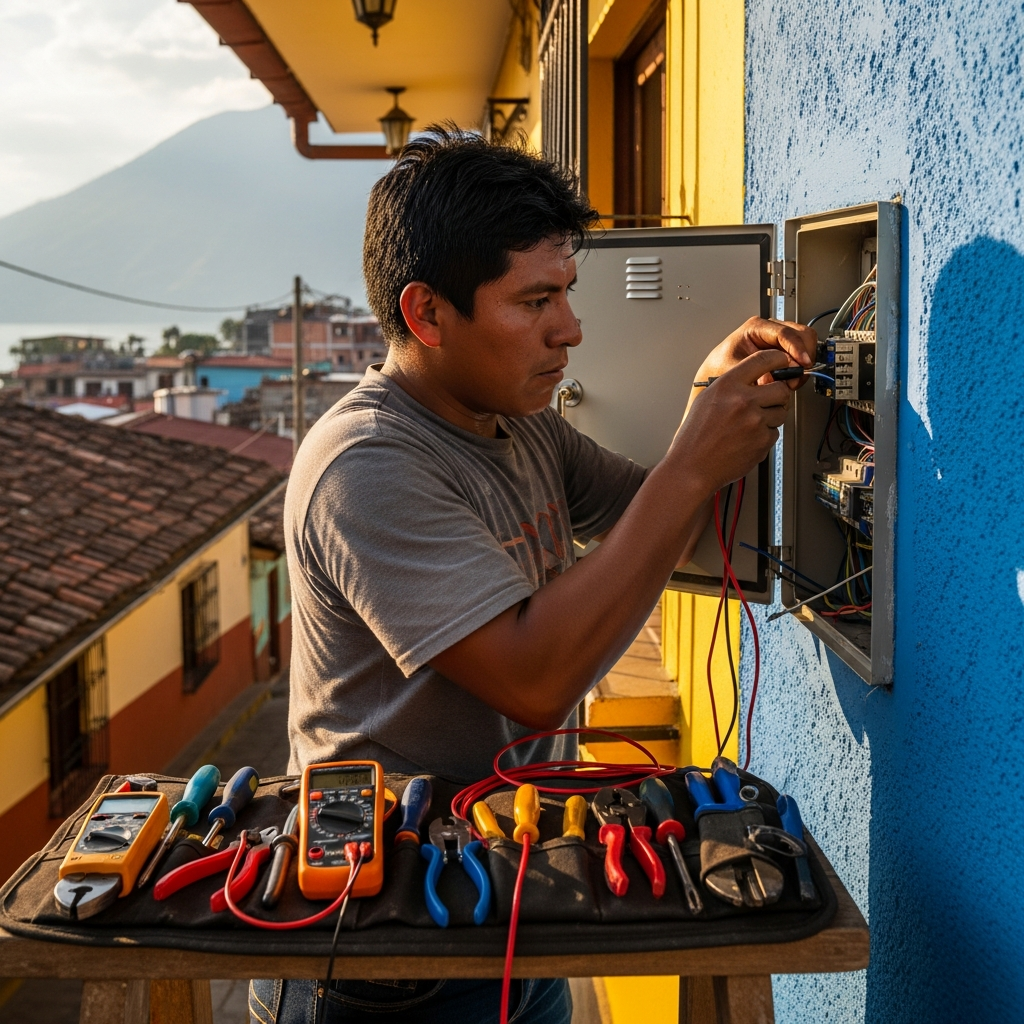 Electricista profesional realizando instalación eléctrica en San Pedro La Laguna, Lake Atitlán