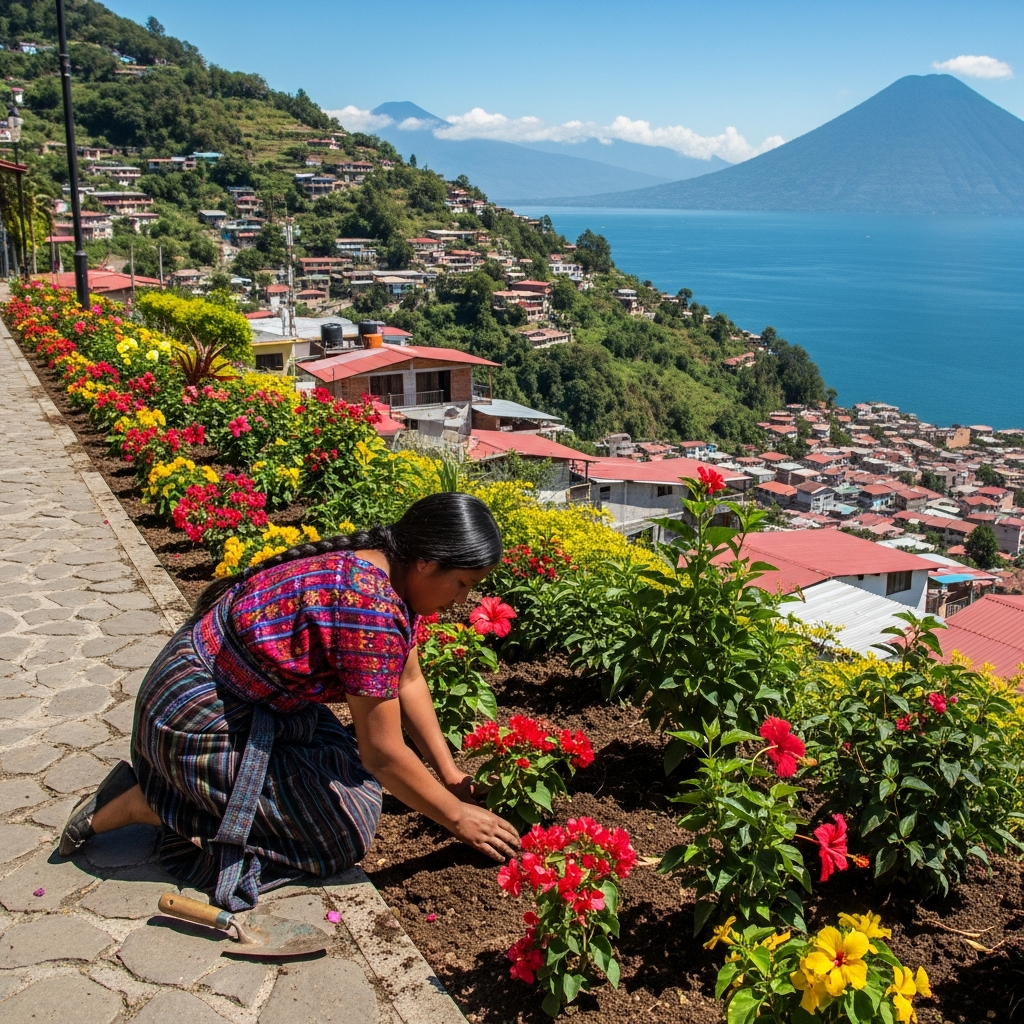 Professional landscaper performing garden maintenance in San Pedro La Laguna, Lake Atitlán
