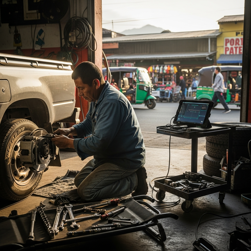 Professional mechanic performing engine repair diagnostics at San Pedro Auto