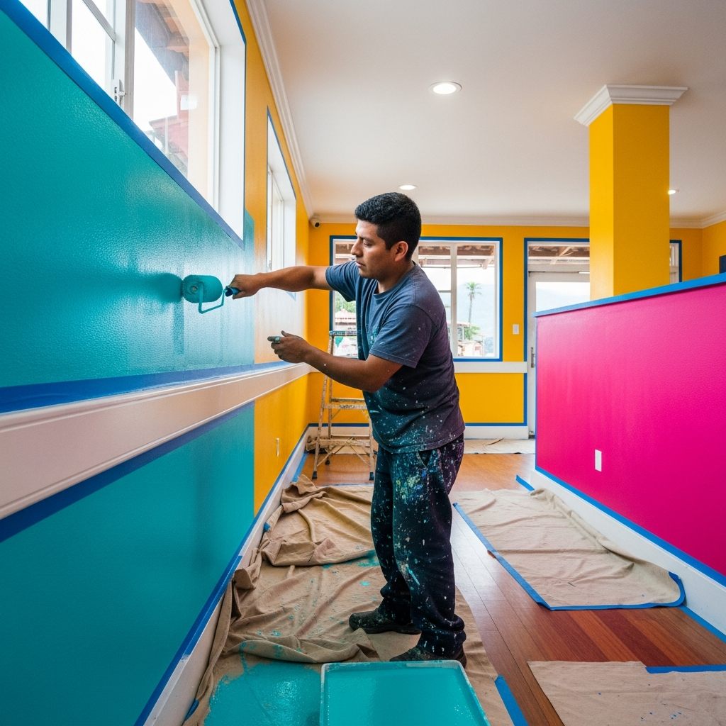Professional painter painting house in San Pedro La Laguna, Lake Atitlán