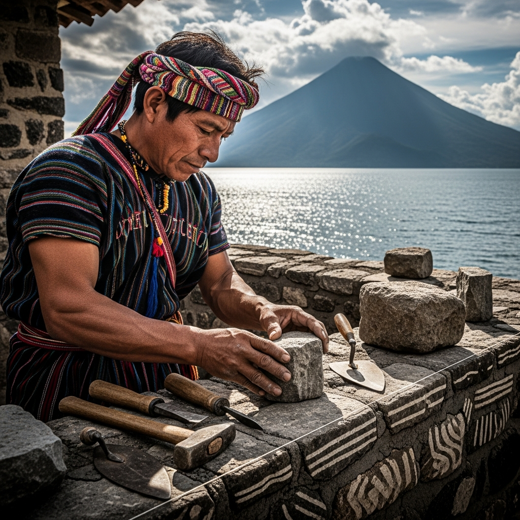 Professional mason working on construction in Santiago Atitlán, Lake Atitlán