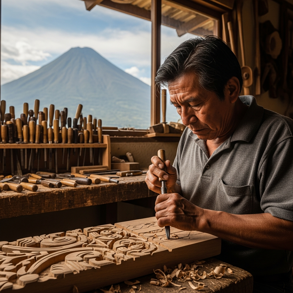 Professional carpenter crafting furniture in Santiago Atitlán, Lake Atitlán