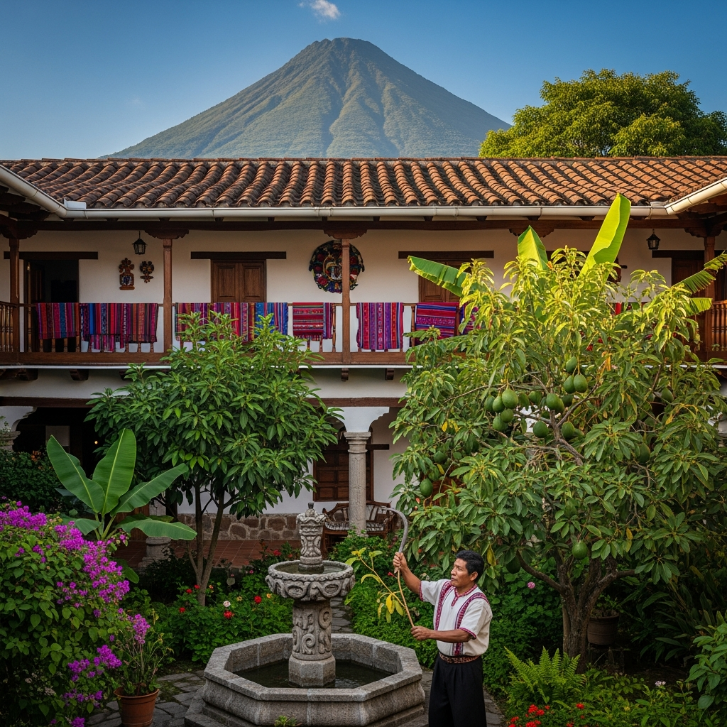 Jardinero profesional realizando mantenimiento de jardín en Santiago Atitlán, Lake Atitlán