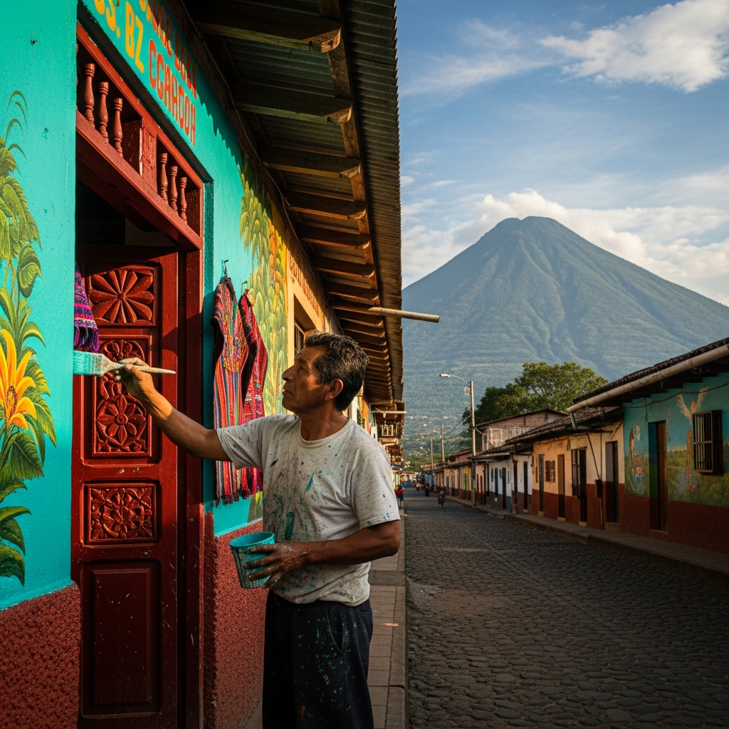 Pintor profesional pintando casa en Santiago Atitlán, Lake Atitlán