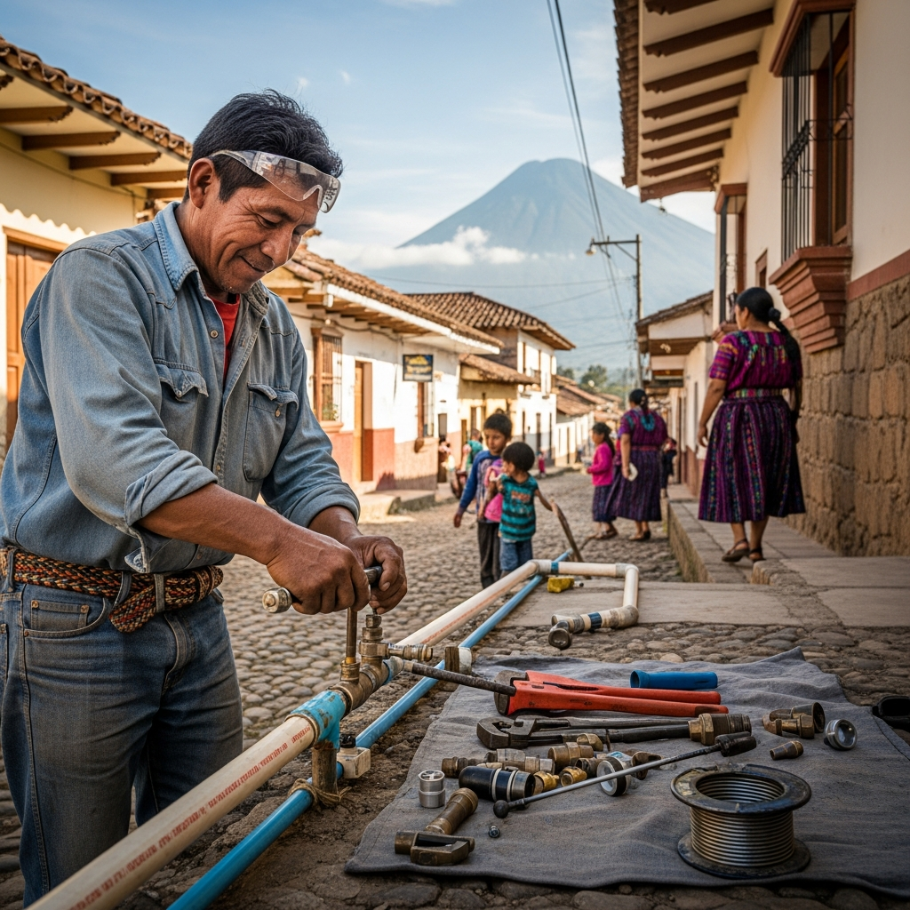Professional plumber repairing pipes in Santiago Atitlán, Lake Atitlán
